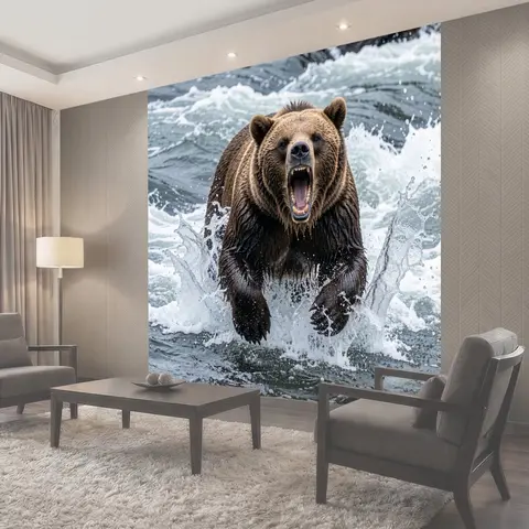 Фотообои Бурый медведь в бурной реке