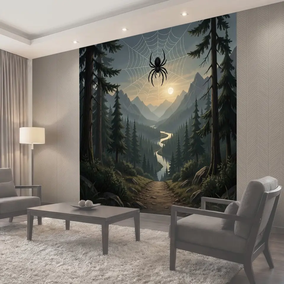Фотообои Паук на паутине в лесу