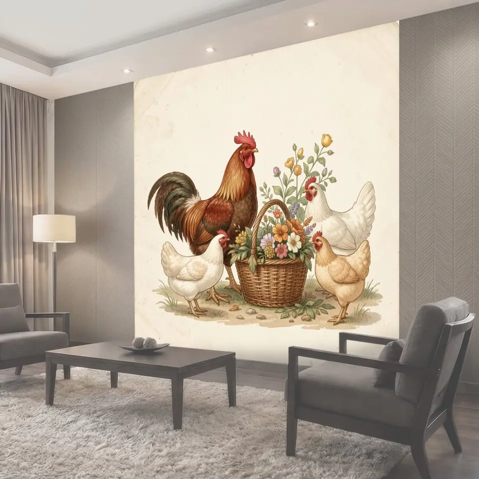 Фотообои Петух с курами и цветами