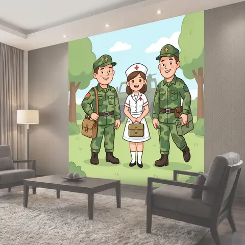 Фотообои Военные и медсестра в парке