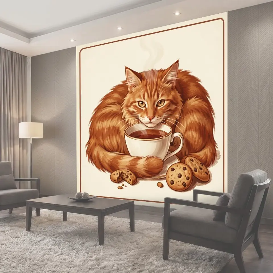 Фотообои Рыжий кот с чашкой кофе