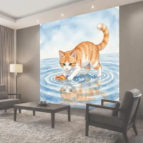 Фотообои Кот и рыбка на водной волне