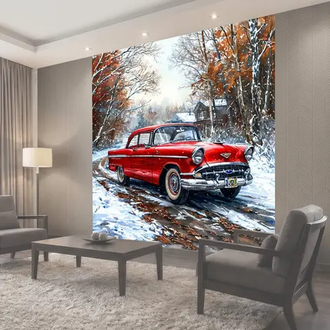 Фотообои Ретро автомобиль, классический вид, красный цвет четырехколесная техника машина