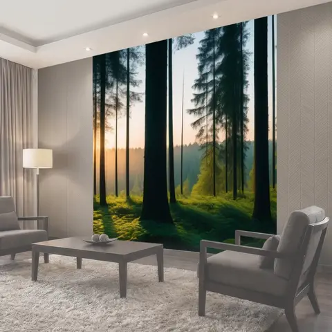 Фотообои Солнце, поднимающееся над лесом