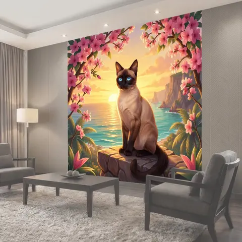 Фотообои Сиамский кот у моря на закате
