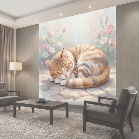 Фотообои Спящий кот среди цветов