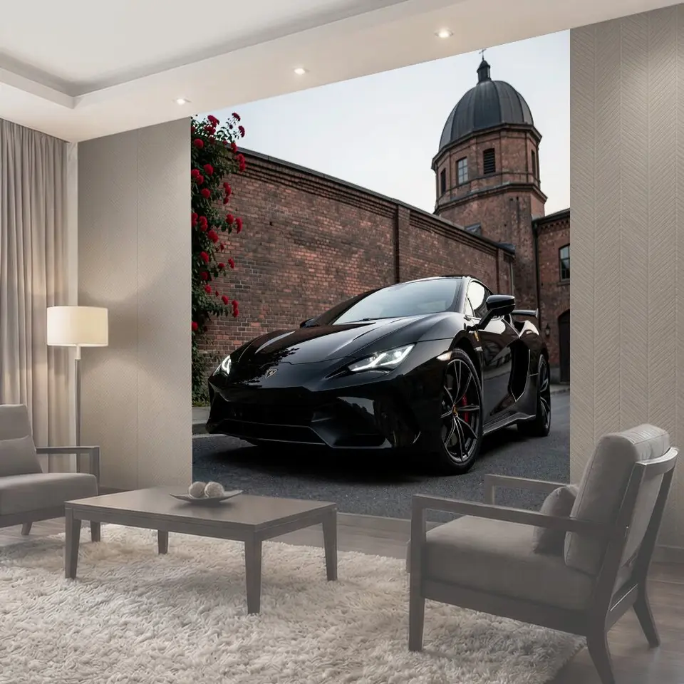 Фотообои Черный спортивный автомобиль у кирпичного здания