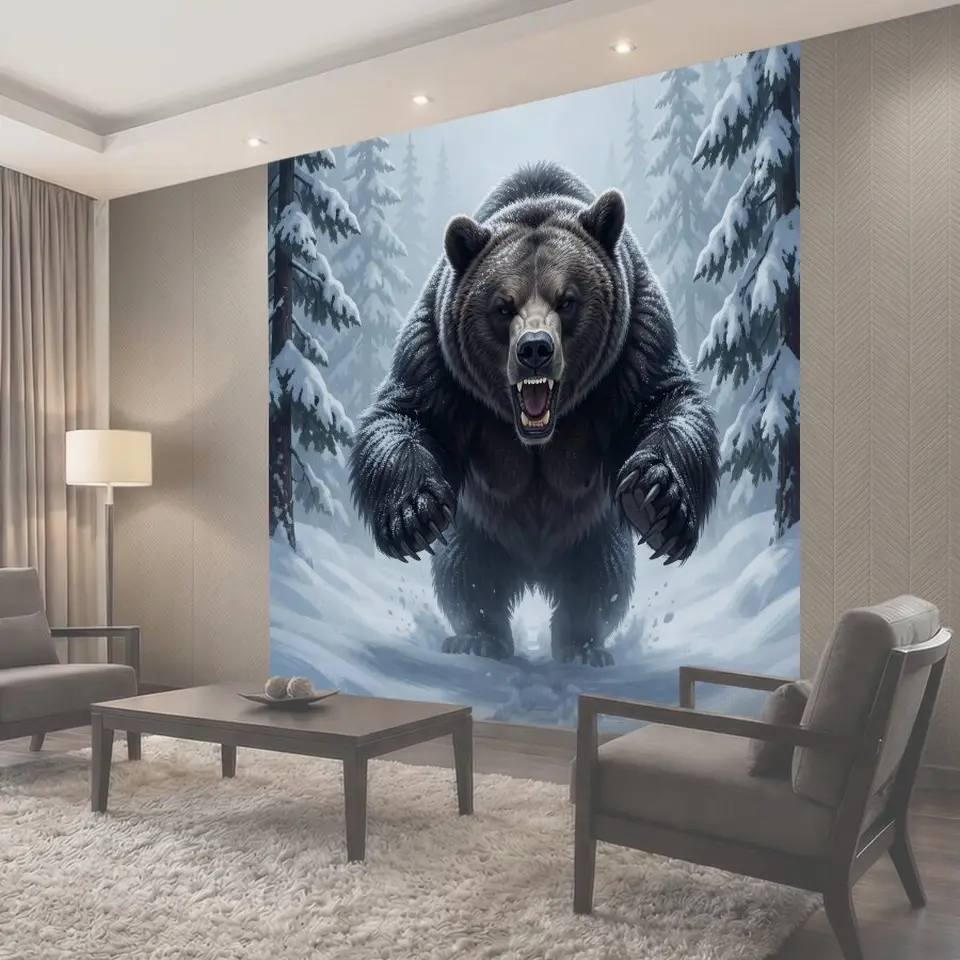 Фотообои Свирепый медведь в зимнем лесу