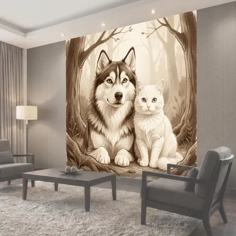 Фотообои Волк и белый котёнок в лесу