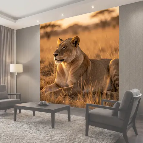 Фотообои Львица в саванне на закате