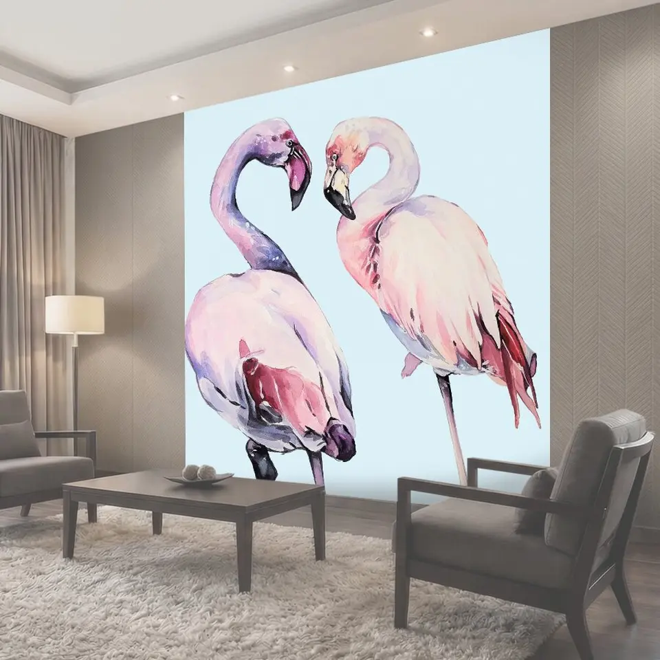 Фотообои Акварельная живопись Flamingo Две розовые фламинго птицы акварель
