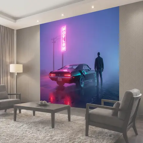 Фотообои Неоновый автомобиль в туманной ночи