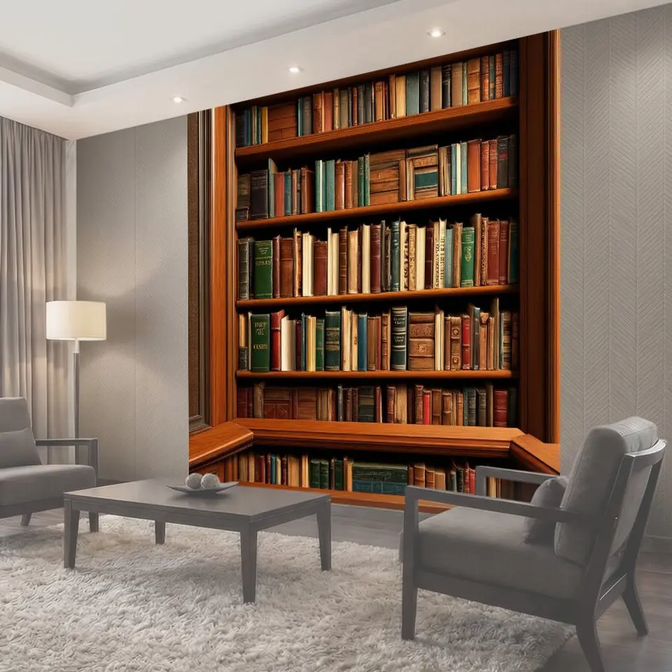 Фотообои Коричневый книжный шкаф, полный старых книг, на фоне уютного уголка