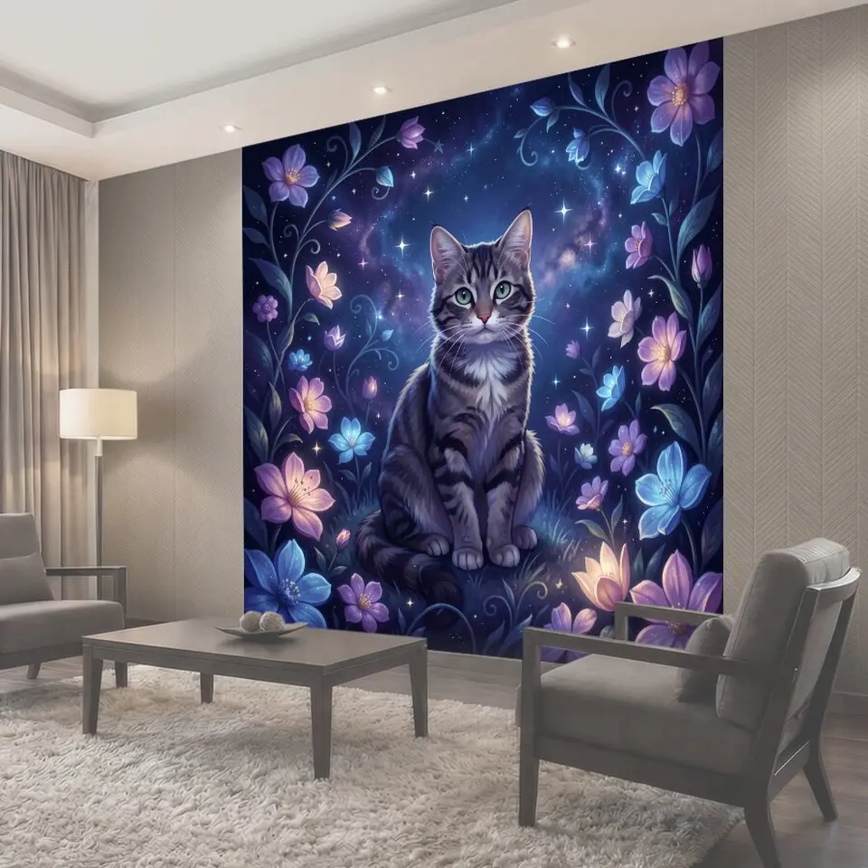 Фотообои Полосатый кот среди космических цветов