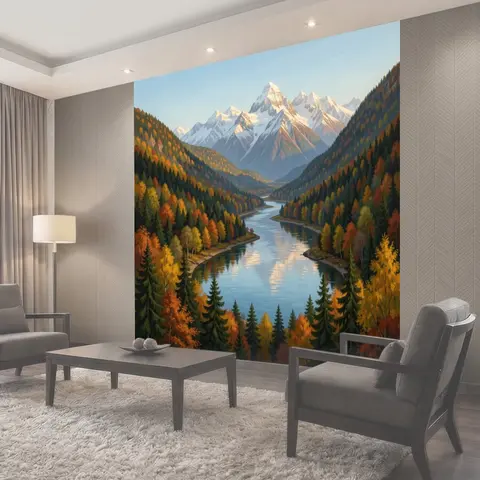 Фотообои Горная долина с рекой и лесом