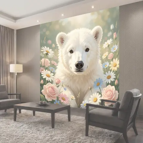 Фотообои Белый медвежонок среди цветов