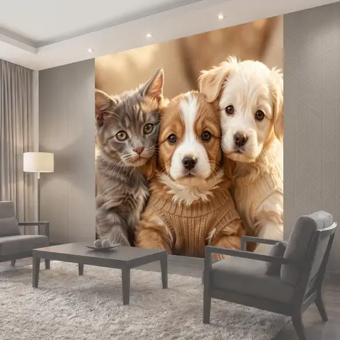 Фотообои Щенки и котёнок в свитерах
