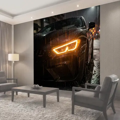 Фотообои Черный спортивный автомобиль в дождь