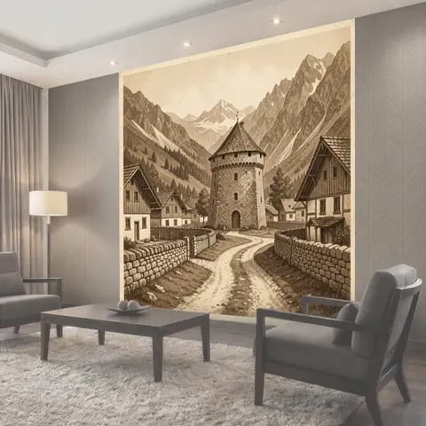 Фотообои Горная деревня с донжоном