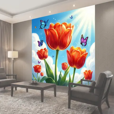 Фотообои Яркие тюльпаны и бабочки