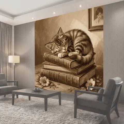 Фотообои Котик спит на старых книгах
