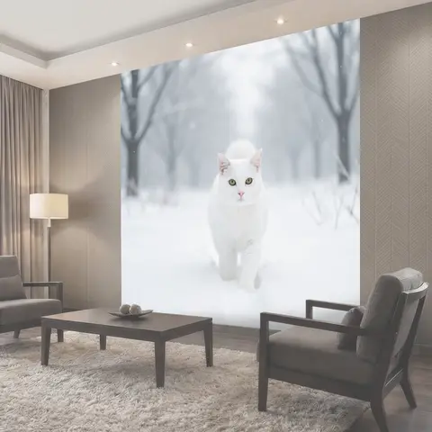 Фотообои Белая кошка в зимнем лесу