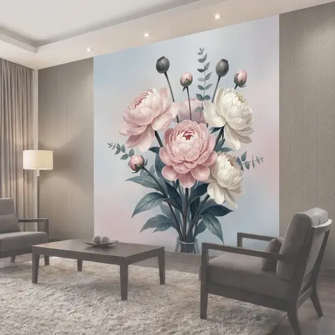 Фотообои Нежные пионы в стеклянной вазе