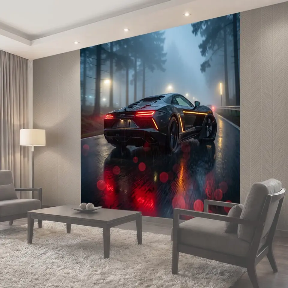 Фотообои Спортивный автомобиль в ночном дожде