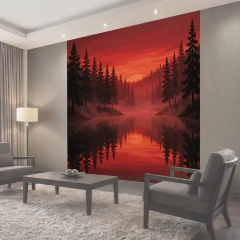 Фотообои Сосновый лес и красное озеро