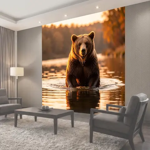 Фотообои Медведь в реке на закате