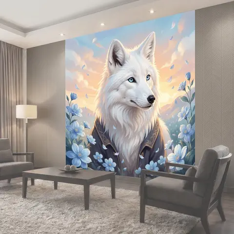 Фотообои Белый лис в цветущем поле