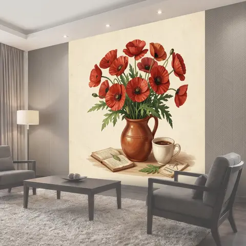 Фотообои Красные маки в глиняной вазе
