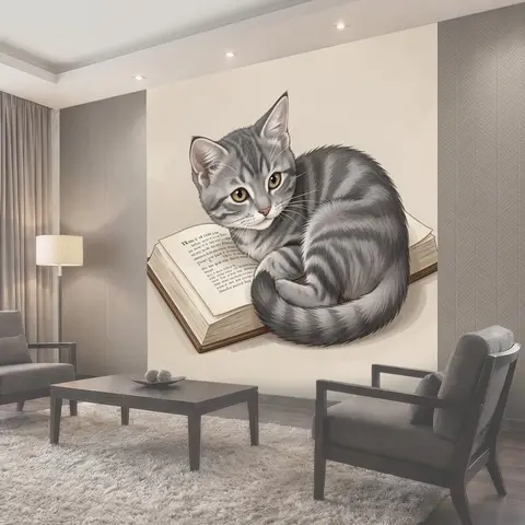 Фотообои Серый кот на раскрытой книге