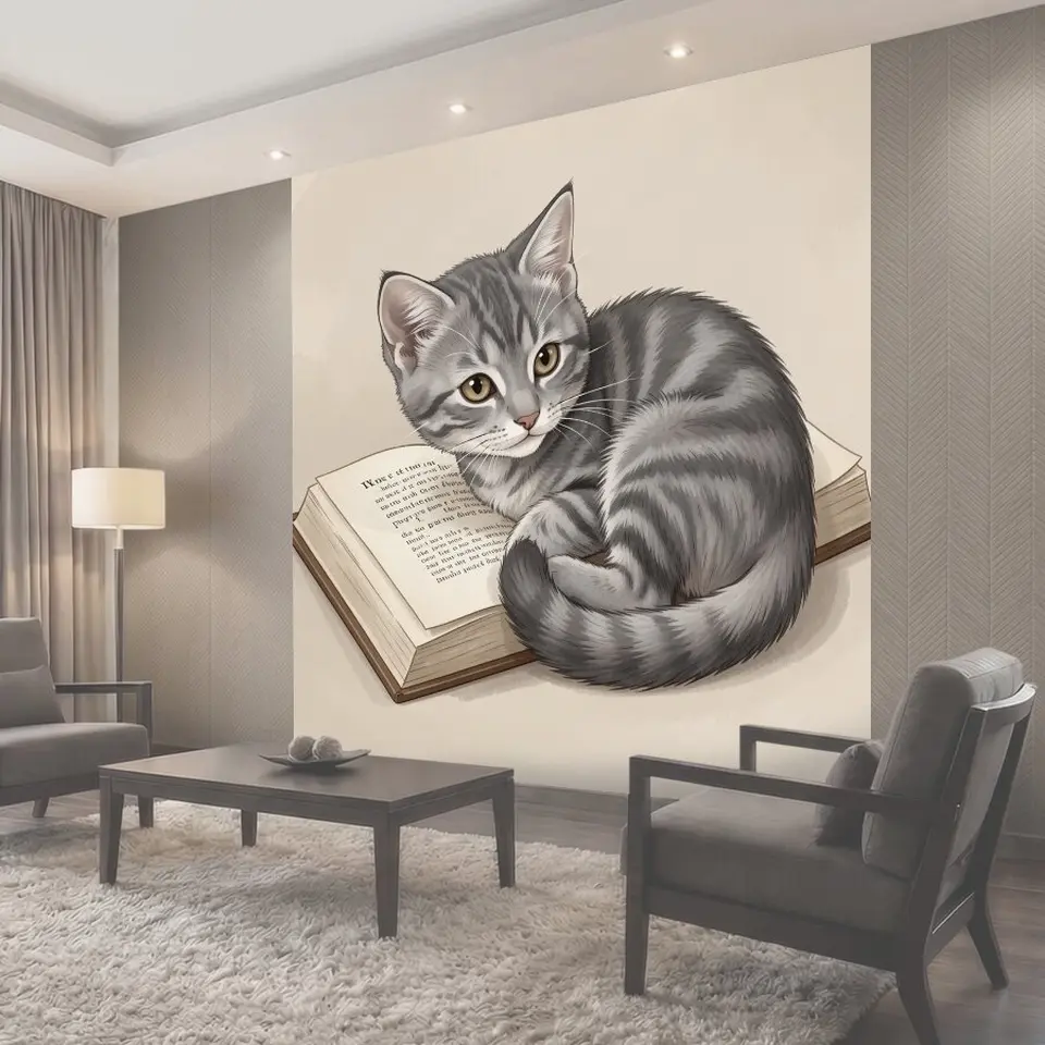 Фотообои Серый кот на раскрытой книге