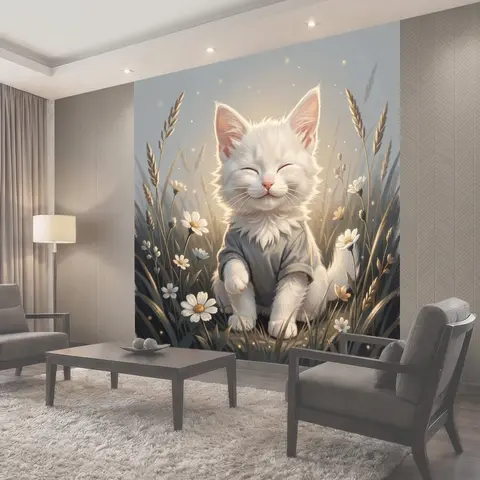 Фотообои Белый котёнок среди ромашек