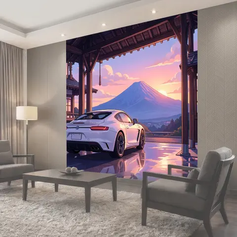 Фотообои Спортивное авто у горы на закате