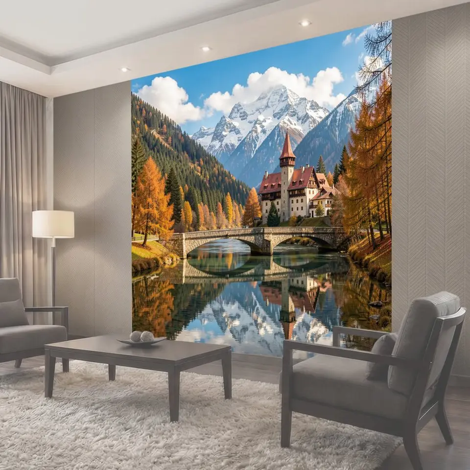 Фотообои Альпийский замок у горной реки