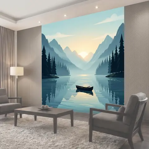 Фотообои Горный пейзаж с лодкой на рассвете