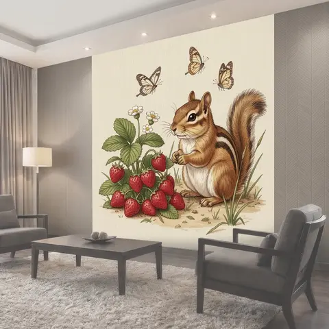 Фотообои Бурундук с земляникой и бабочками