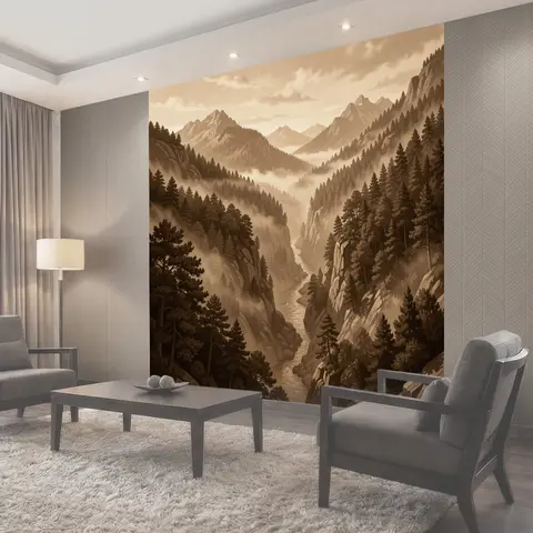Фотообои Горная долина и туманные скалы
