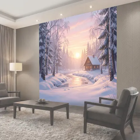 Фотообои Зимний лес с домиком у реки
