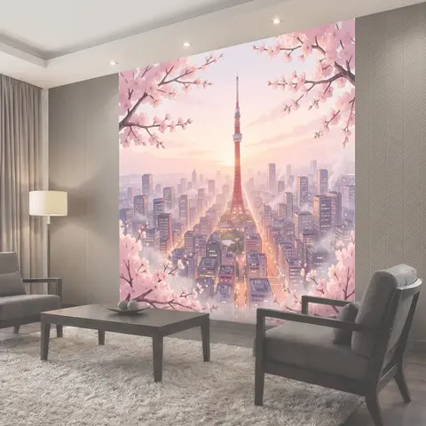 Фотообои Токийская башня в цветущей сакуре