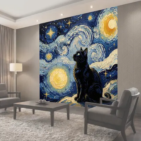 Фотообои Черный кот под звездным небом