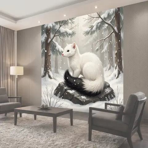 Фотообои Белый хорек в зимнем лесу