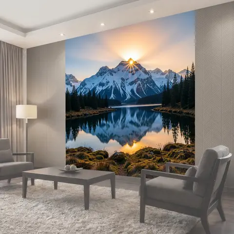 Фотообои Горные вершины и озеро на рассвете