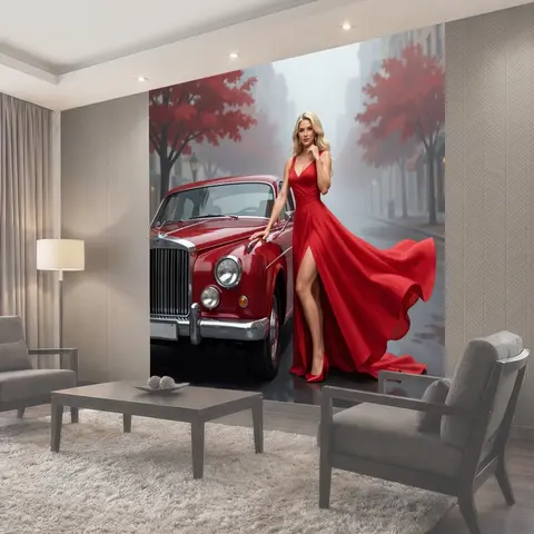 Фотообои Элегантная девушка у винтажного авто