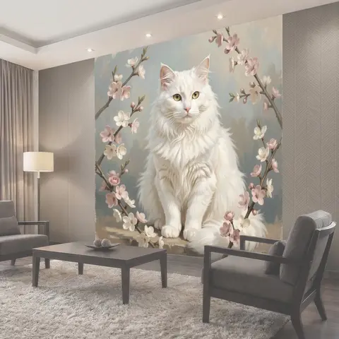 Фотообои Белый кот среди цветущих ветвей