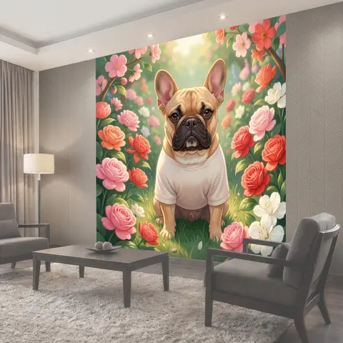 Фотообои Французский бульдог среди цветов