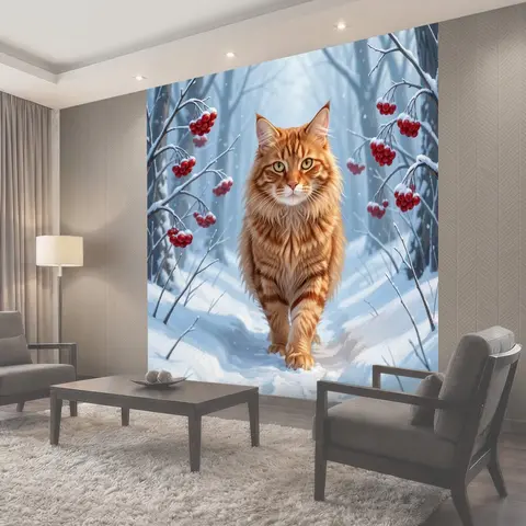 Фотообои Рыжий кот в зимнем лесу