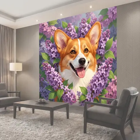 Фотообои Улыбающийся корги в сирени